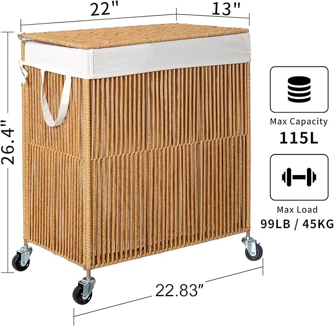 WOWLIVE Laundry Hamper with Wheels, Handwoven Rolling Laundry Basket with Lid, Clothes Hamper with Divided Removable Liner Bag, 115L Large Capacity Laundry Sorter Laundry Room Organization, Natural