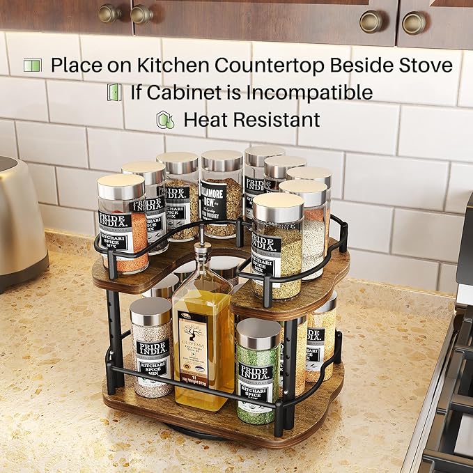 Lazy Susan Organizer Spice Rack - Spice Organization for Cabinet Height Adjustable Rotating Lazy Turntable, Pantry Kitchen Wood Revolving Seasoning Organizer (9 Inch)