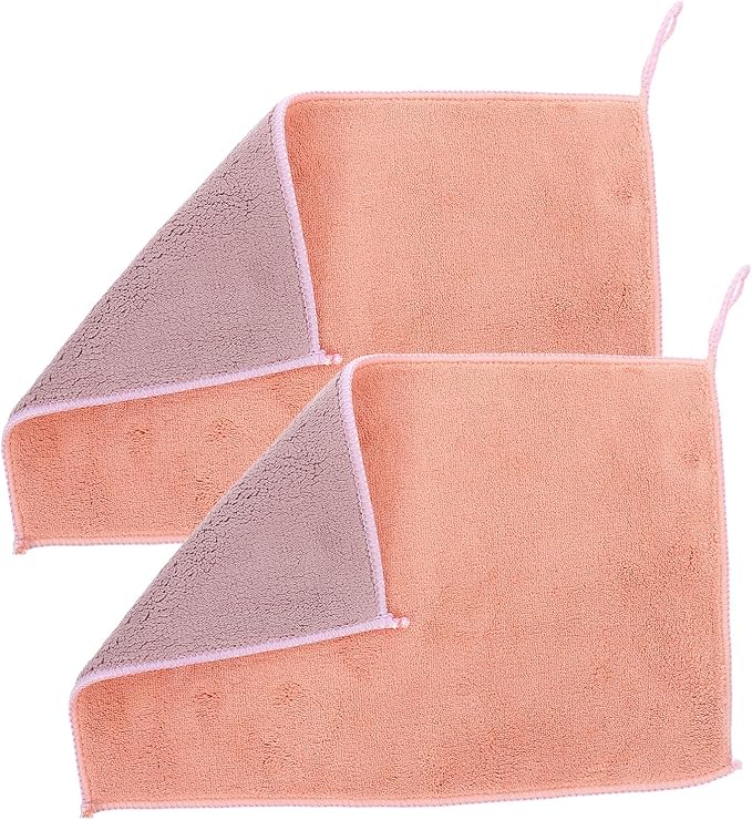 2pcs Kitchen Dish Washing Towels Double-Layer Absorbent Microfiber Cleaning Cloths Hanging Loop 20x30cm Red for Household Dishwashing and Utensil Drying
