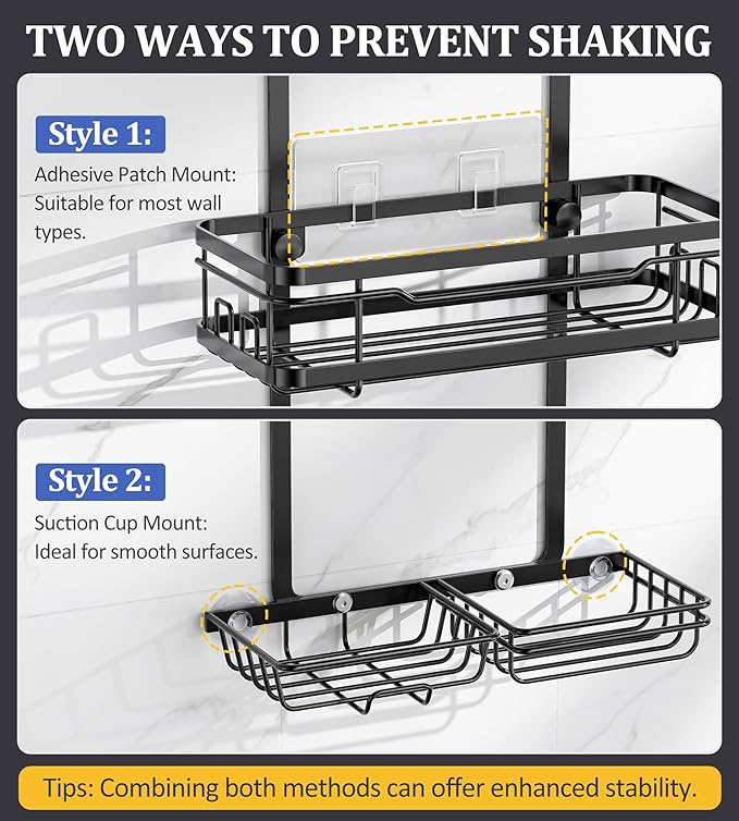 OMAIRA Shower Caddy Organizer Hanging, Adjustable Stainless Steel No Drilling Non-Slip Bathroom Caddy Organizer Storage Shelves for Inside Bath Over Shower Head Rack Holder, Black