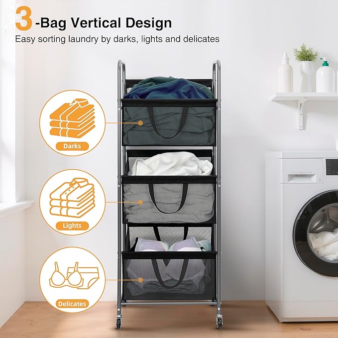 STO STO 3-Tier Vertical Rolling Laundry Hamper with Removable Bags, 120L Stackable Laundry Sorter Basket, Clothes Hamper with Wheels for Small Spaces, Closet, Bedroom, Bathroom, Laundry Room, Black