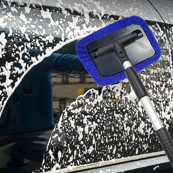 Ziciner Car Windshield Cleaner, Microfiber Auto Cleaning Wiper with Aluminum Extendable Handle and 2 Washable Reusable Cloth Pad Head, Universal Vehicle Interior Exterior Cleaner Kit (Blue-Rectangle)