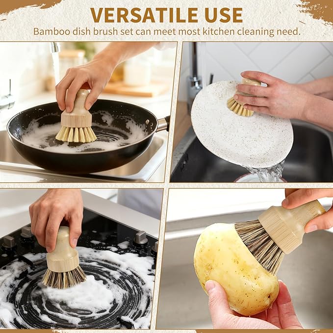 4 Pack Bamboo Dish Brush Set, Natural Palm Dish Scrubber for Pots and Vegetables, Sisal Bristle Bamboo Scrub Brush for Cleaning Dishes and Pans