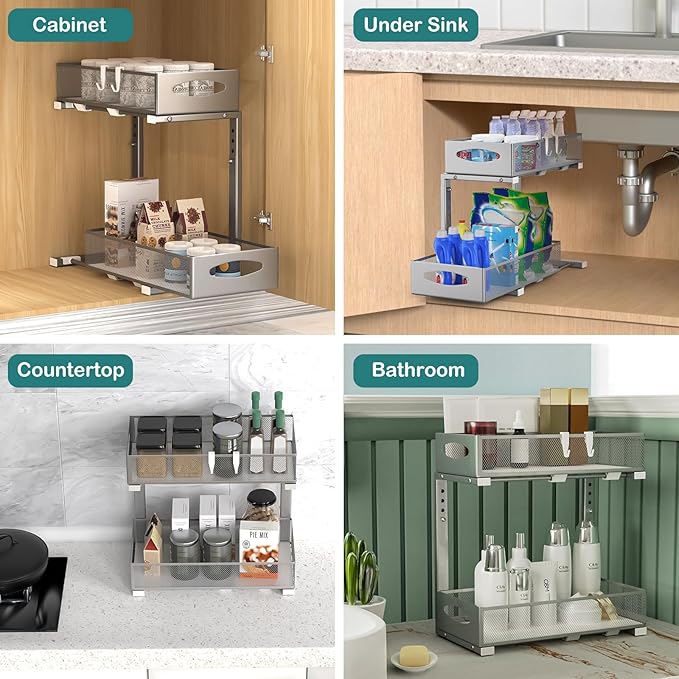 Housolution 2 Pack Under Sink Organizer, 2 Tier Metal Pull Out Under Sink Storage with Sliding Mesh Drawers, Height Adjustable Slide Out Under Sink Organizer for Kitchen Bathroom Cabinet, Gray