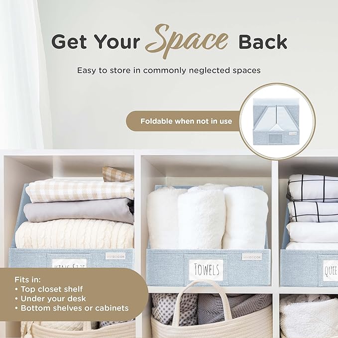 VIVIDECOR Trapezoid Storage Bins – 12"x12"x10"x 4" Closet Shelf Organizer & Baskets, Fabric Storage Baskets, Collapsible Organizer Boxes for Towels, Baby Clothes, Spring Wardrobes – Light Blue, 3 Pack