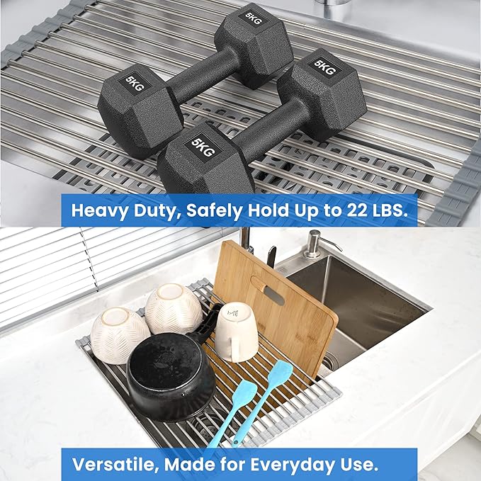 Roll Up Dish Drying Rack, Adjustable Over Sink Dish Drying Rack for Kitchen, 10"-20" Foldable Sink Rack to Dry Dishes & Drain Items, Stainless Steel Over Sink Cover Drying Mat
