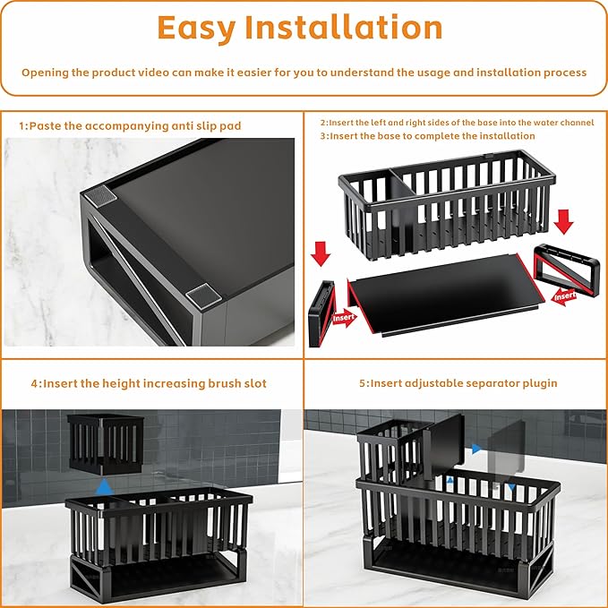 Yieach Rustproof Kitchen Sink Caddy Organizer,Durable Plastic Scrubber,Drain,Dish Sponge Holder,Dish Soap Rack and Dispenser,Multifunctional Kitchen Sink Counter Storage Organization Accessories,Black