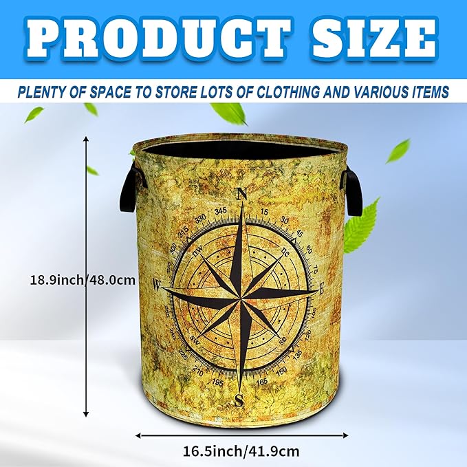 Compass Laundry Basket Oxford Cloth Funny Adventure Laundry Hamper With Handle Foldable Portable Clothes Storage Basket 18.9 X 16.5 In Storage Bag For Laundry Room/Bathroom/Bedroom/Dormitories
