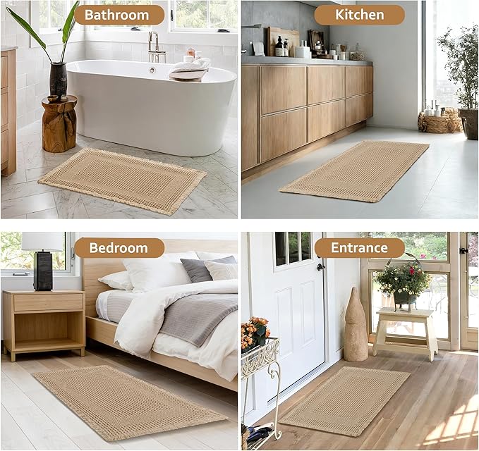 JIUZHEN Set of 2 Waffle Bath Mats Super Absorbent Bath Mat Non Slip Bathroom Rugs for Bathroom Floor Dry Fast Washable Boho Rugs for Beside Tub, 16" x 24" +20" x 32", Loop-Brown