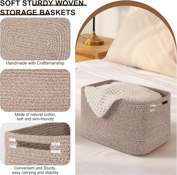 Storage Baskets for Organizing, Woven Decorative Baskets for Shelves - Books, Towels, and Clothes, Cotton Rope Toy Storage Bins, 12.7''Lx9''Wx7.8''H, Pack of 4, Linen Brown