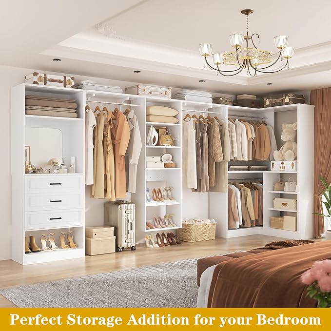 Unikito Modular Closet System with 3 Sets, 131”Corner Closet Organizer System With Mirror, Drawers, Hanging Rods & Adjustable Shelves, Freestanding Wood Wardrobe Organizer, Walk in Closet Tower, White
