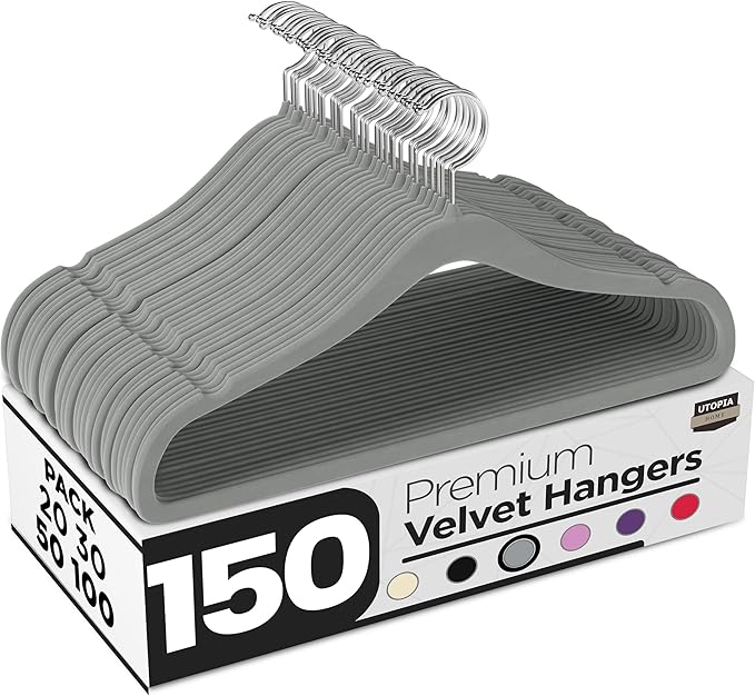 Utopia Home Velvet Hangers 150 Pack - Non-Slip Suit Hangers with 360 Degree Rotatable Hook - for Pants, Coats, Shirts & More (Grey)