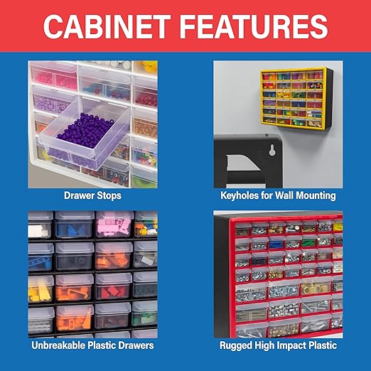 Akro-Mils 44-Drawer Plastic Drawer Storage Cabinet for Garage Organization, Bead Organizer, Building Bricks Storage, Teacher Toolbox, Makeup Organizer, 20" W x 6" D x 16" H, 10144 Yellow