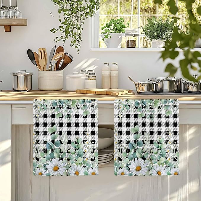 Microfiber Kitchen Towel, Green Eucalyptus Leaves Soft Absorbent Dish Towels, Summer Botanical Daisy Black Plaid Quick Drying Washable Dishcloths for Kitchen Cleaning, Drying Dishes, 18x28 Inches