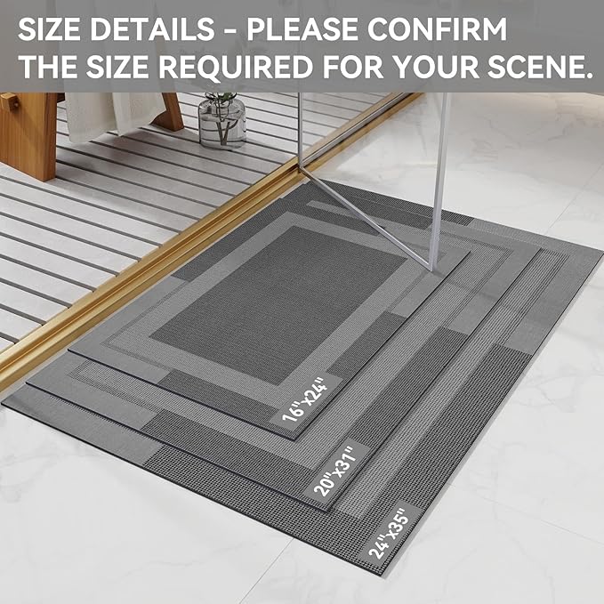 YDKGL Non Slip Bath Mat, Rubber Backing Ultra Thin Bathroom Rugs Fit Under Door Quick Dry Super Absorbent Washable Bath Rug Shower Mat for Bathroom Floor Bathtub Sink, Easy Care Dark Grey 16"x24"