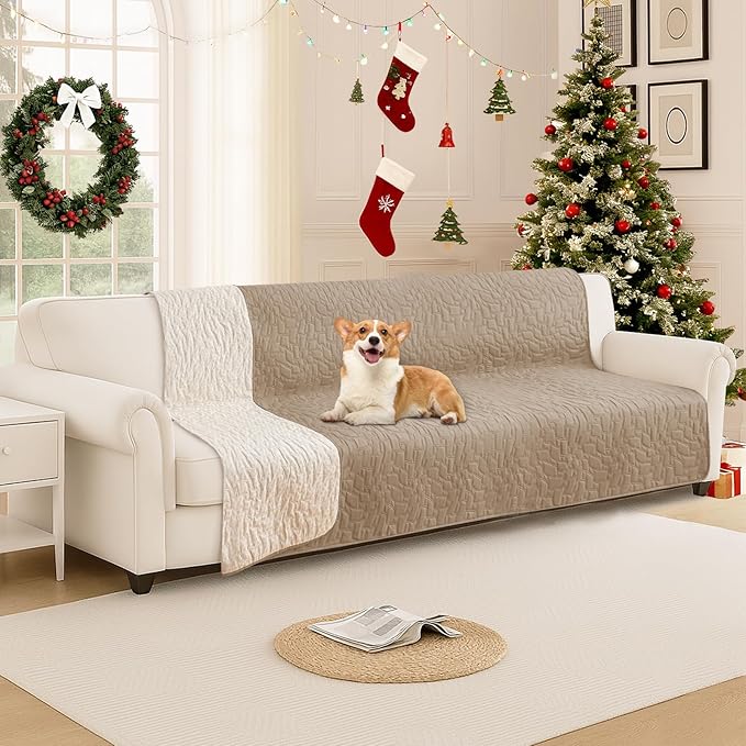 Waterproof Dog Bed Cover Pet Blanket, Soft Couch Cover for Dogs Washable, Non-Slip Dog Blanket Protect Furniture Couch Sofa Car for Puppy Large Dogs Cat (82x120 Inch, Khaki)