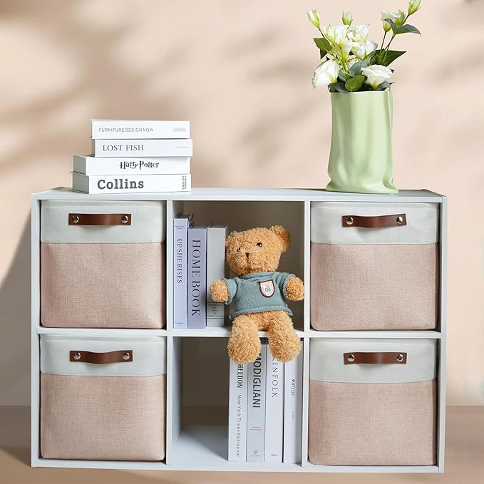 4-Pack Foldable Fabric Storage Cubes 11x11 Inch, Sturdy Cube Organizer Bins with Leather Handles, Storage Baskets for Closet Shelves and Home Organization(White/Pink)