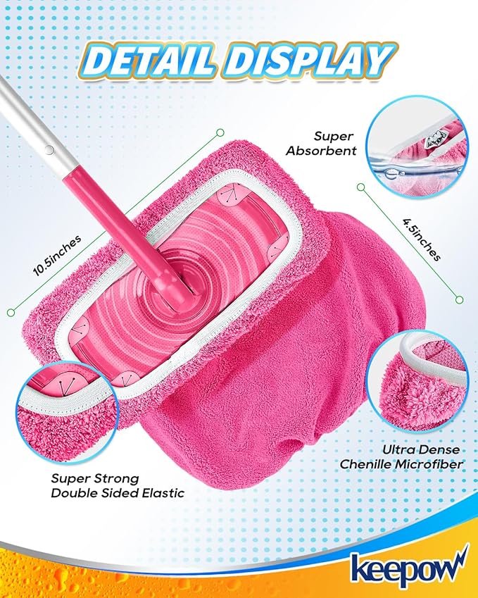 KEEPOW 4 Pack Reusable Mop Pads Compatible with Swiffer Sweeper, Microfiber Washable Swiffer Mop Pads, Dry & Wet Sweeping Mopping Cloths (Pink)