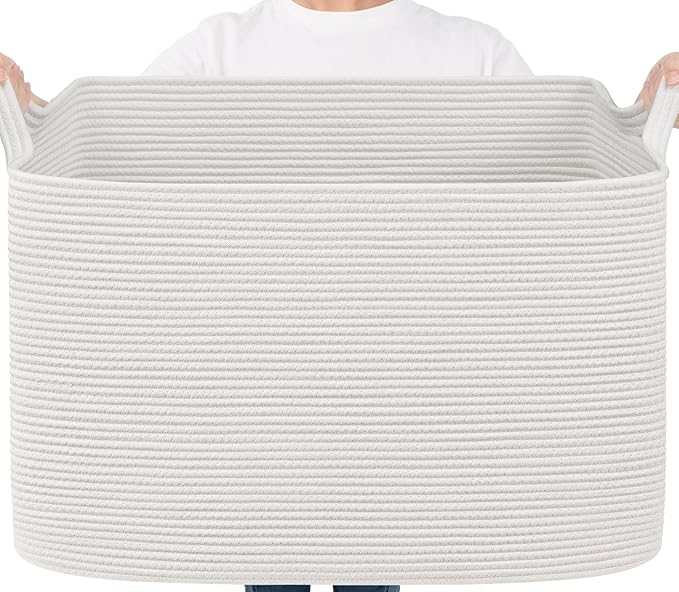 Goodpick 105L Extra Large Blanket Basket 25" x 16" x 16" Cotton Rope Storage Bins for Dirty Clothes, Rectangle Woven Baskets for Living Room Home Decor, Toy Baskets Storage Kids, White
