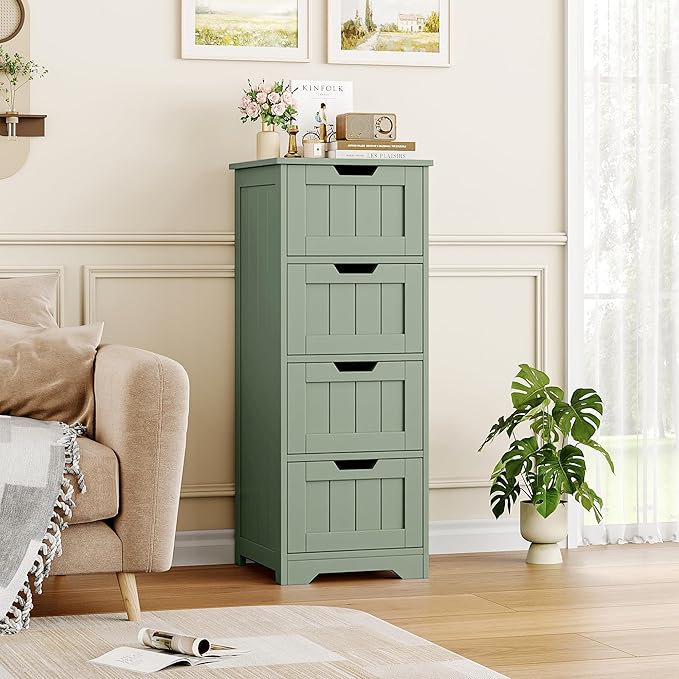 FOTOSOK Bathroom Storage Cabinet, Bathroom Cabinet with 4 Drawers, 11.8” x 11.8” x 32.5” Freestanding Entryway Cupboard Storage Organizer Unit Home Furniture Decor, Green