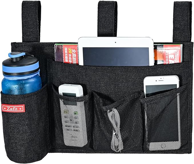 Zafit Linen Bedside Caddy, Bedside Storage Organizer for Hospital Beds, College Dorm Rooms or Baby Bed (5 Pockets-Black)