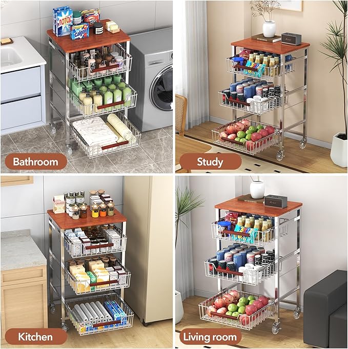 4-Tier Slim Rolling Fruit & Vegetable Storage Cart with Removable Baskets, Narrow Metal Kitchen Organizer Cart on Wheels, Fruit Basket Stand & Fruteros para Cocina, Pantry Cart for Storage