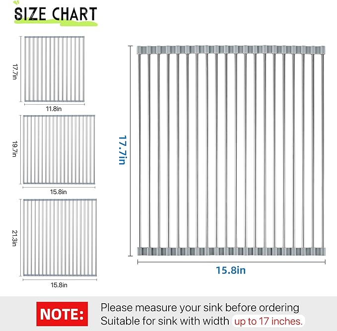 Roll Up Dish Drying Rack, 17.7" x 15.8" Over The Sink Dish Drying Rack, Kitchen Dish Rack Foldable Dish Drainer, Stainless Steel Dish Drying Rack for Kitchen Sink Counter Storage (Grey)