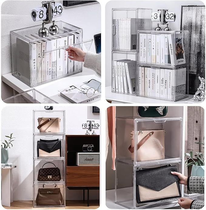 Clear Stackable Plastic Storage Bins with Magnetic Lid, Dustproof Book & Cosmetic Acrylic Display Cases, Large Figures Collectibles Showcase, Shoe Box, Protection Organizer (L, Count, 3)