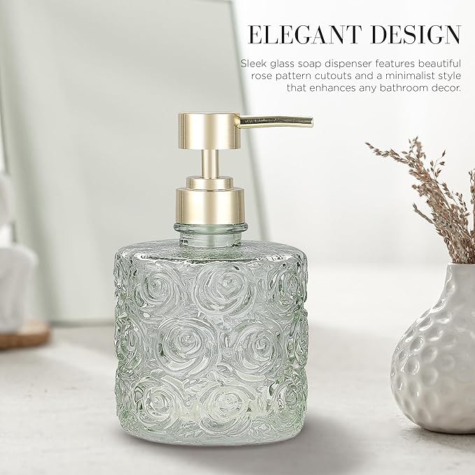 Marcella Glass Soap Dispenser with Soap Pump, Refillable 14 Ounce Capacity, Floral Design Rose Patterns, Heavy Weight Thick Glass for Bathroom, Premium Kitchen Soap Dispenser Reseda Sage