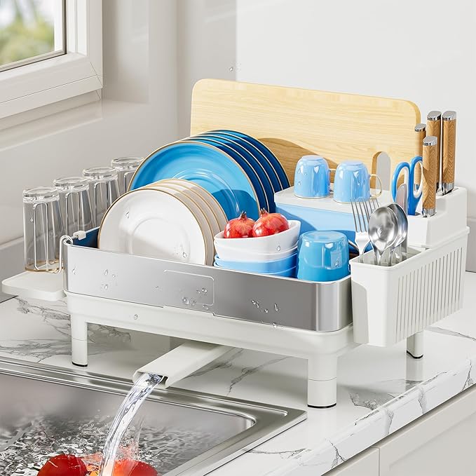 Dish Drying Rack, 304 Stainless Steel Dish Racks for Kitchen Counter, Dish Drainers with Automatic Drainage, Utensil Holder & Cups Holder, Space Saving Kitchen Organizer, White