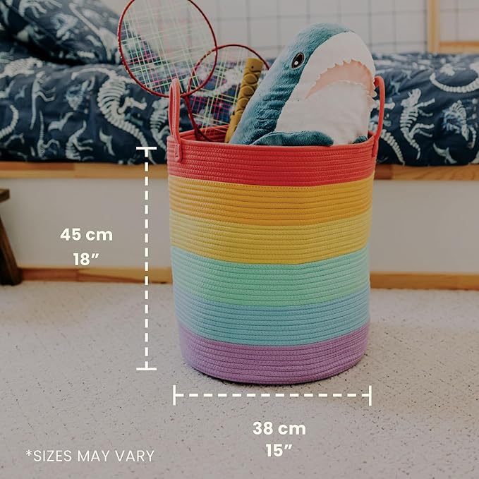 OrganiHaus Large Rainbow Woven Laundry Basket w/Handles 52L, Decorative Toy Storage Bin for Nursery, Colorful Blanket Basket for Playroom, Baby Laundry Hamper, Fun Kids Room Decor Organizer