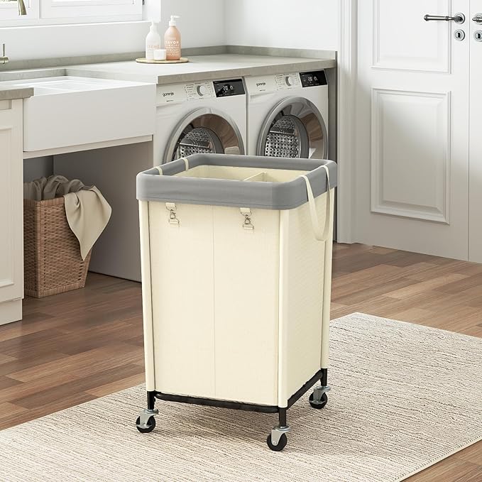 WOWLIVE 160L Rolling Laundry Hamper with Wheels, Heavy Duty Laundry Basket, Large Laundry Cart with Steel Frame and Removable Bag, Dirty Clothes Hamper for Home, Closet, Dorm, Bathroom, Beige