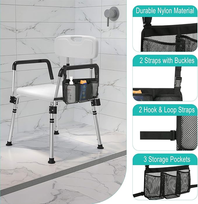 Beautyflier Removable Hanging Bag for Shower Chair, Commode Chair Side Storage Bag, Armrest Chair Side Organizer, 3 Storage Pockets for Shampoo, Shower Gel, Facial Cleanser, Bag Only (Black)