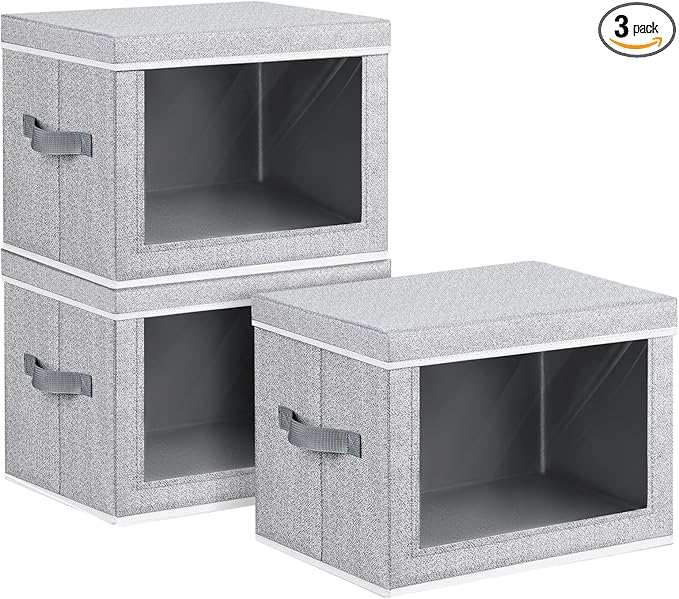 Storage Bins with Lids, 3 Pack Large Storage Cubes with Window, Closet Bins with Lids & Handles, Fabric Box for Organizing Clothes, Towels, Books, Blended