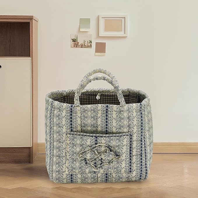 Quilted Fabric Storage Basket with Handles & Pocket, Foldable Laundry Hamper Boho Floral Print Organizer Bin for Home, Picnic, Office 12"x10"x10" (B-4)