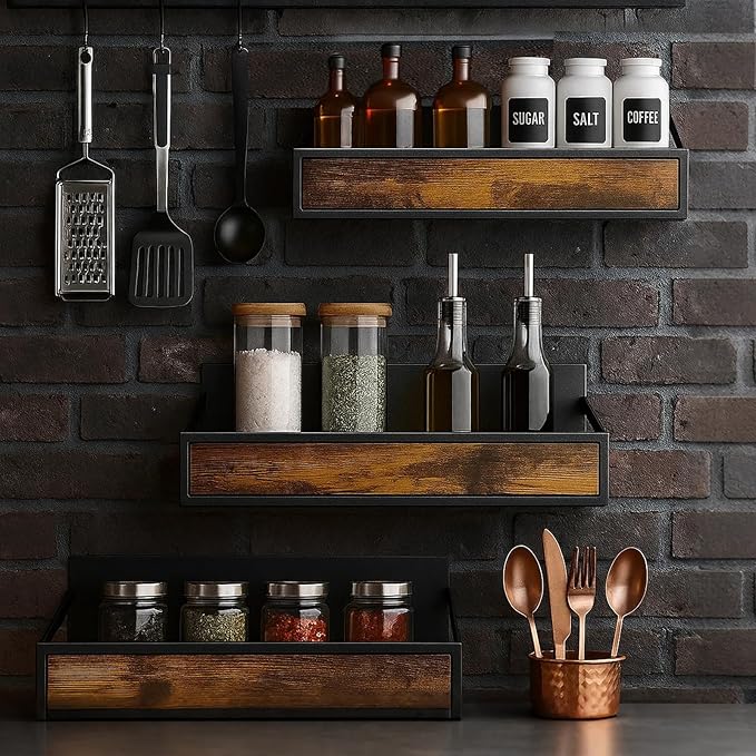 Spice Rack Wall Mount 3 Pack, Space-Saving Seasoning Organizer,Screw or Adhesive Hanging Spice Rack Organizer for Kitchen Cabinet and Wall (Engineered Wooden)