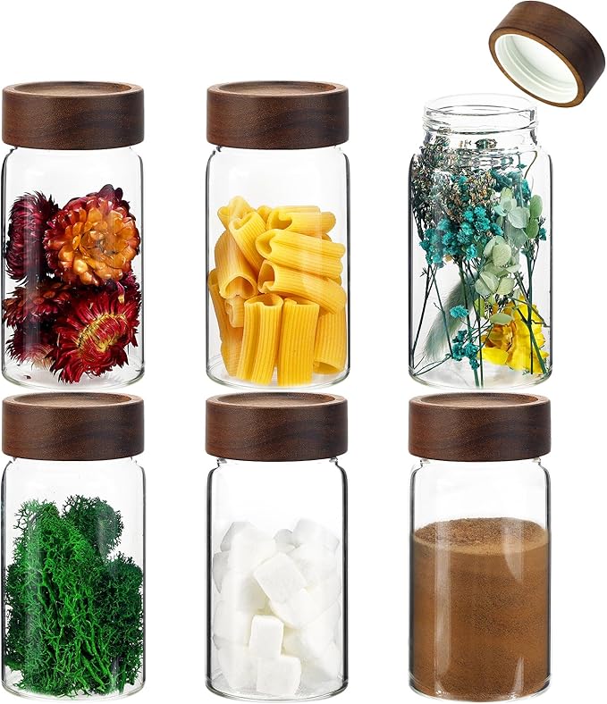 Patoper Glass Coffee Jars Spice Jar Round Storage Canister with Wooden Lid Clear Glass Food Jar for Pantry Sugar Tea Coffee Bean Spice Nuts Cookies Bath Salts (6×250ml(8.4oz))