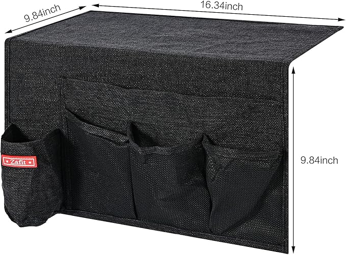 Zafit Linen 5 Pockets Bedside Caddy, Bedside Storage Organizer with Water Bottle Holder for Magazine, Remotes, Phone (Black)