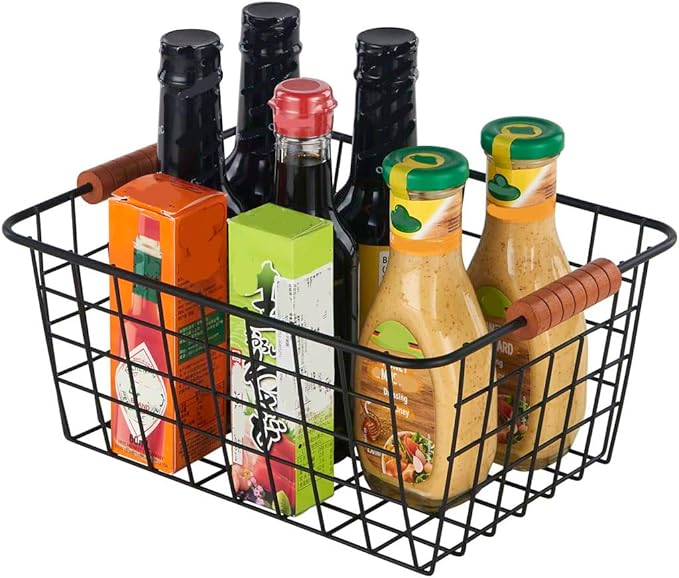 Wire Kitchen Storage Basket 2 Packs,Perfect Pantry Organization Accessories Baskets,Laundry Basket,With a Wooden handle,Suitable for Kitchen,Bathroom,Bedroom,Tabletop,Stackable,Black