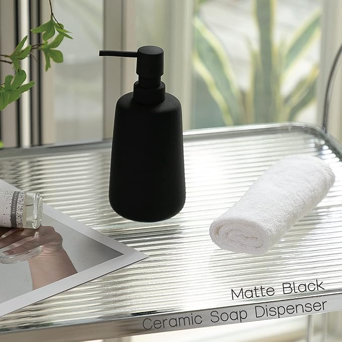 Matte Black Ceramic Soap Dispenser, 13 oz Refillable Bathroom or Kitchen Countertop Dispenser with Soft Touch Rubber Coating