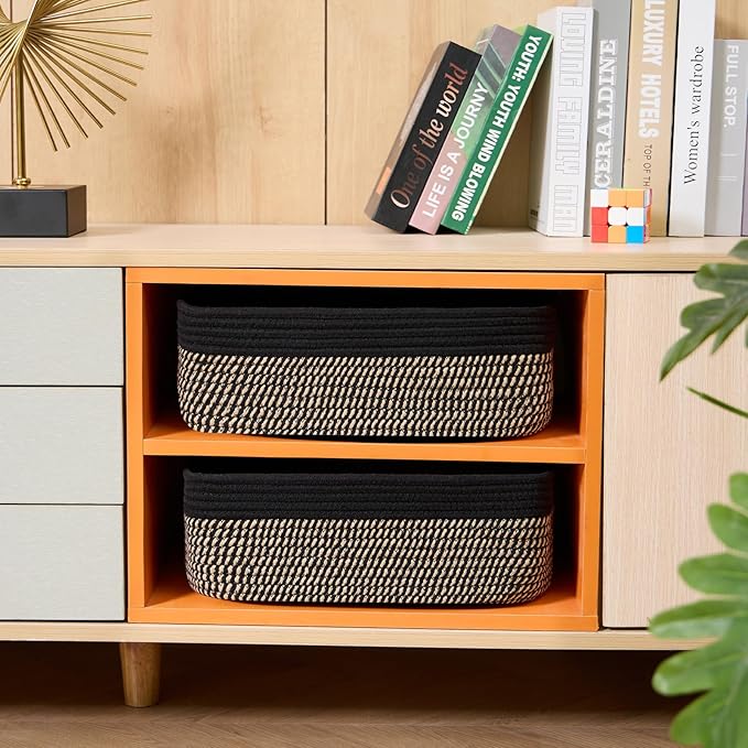 Large Shallow Organizing Baskets 15x11x5.1 Inches - Rope Woven Storage Bins for Bathroom, Shelves, Cube Closet, Black Woven Brown 3 Packs