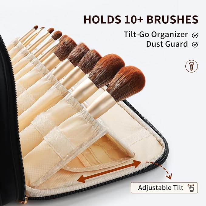 Large Travel Makeup Bag for Women with Luggage Sleeve and Reinforced Dual Handles, Featuring 10 Independent Elastic Brush Slots and 25 Pockets, Large Capacity Waterproof Cosmetic & Toiletry Organizer