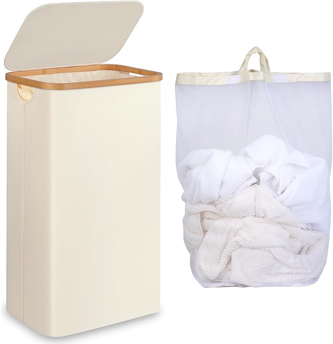 Slim Laundry Hamper,75L Beige Narrow Laundry Basket with Lid,Foldable Clothes Hamper with Bamboo Handles,Hamper Basket with Removable Inner Bag for Laundry Room Bedroom College Dorm