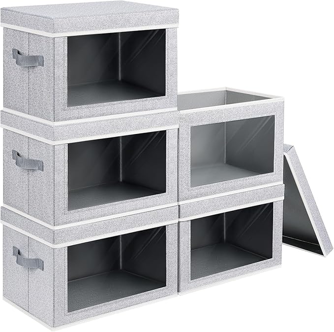 Stackable Storage Bins with Lids - Medium Storage Box with Lids, Foldable Closet Boxes for Organizing, Wardrobe Clothes Organizer with Window, Cubes Bins for Living Room, 5 Pack, Blended