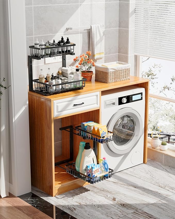 Under Sink Organizer Storage for Families: Pull Out Storage Undersink Organizers Drawer Cabinet - Sliding 2 Tier Rack Metal Organization Under Counter Kitchen Bathroom for Homemakers(Black,2 Pack)