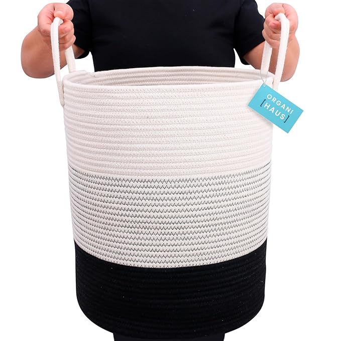 OrganiHaus Large Black & White Woven Laundry Basket w/Handles 52L, Rope Dirty Clothes Hamper, Blanket Basket for Living Room, Baby Laundry Hamper for Nursery, Soft & Durable Decorative Organizer Bin