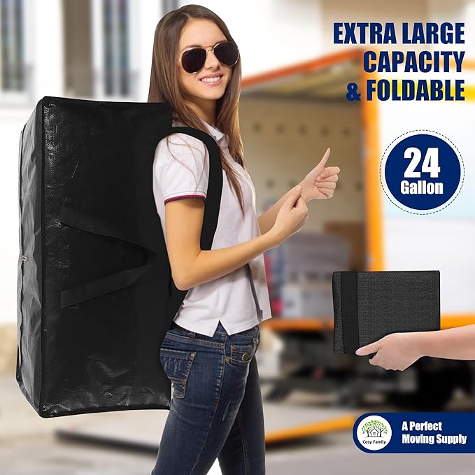 Cosy Family 12 Pack Heavy Duty Moving Bags with Backpack Straps - Strong Handles & Zippers, Storage Totes For Space Saving, Fold Flat, Alternative to Moving Box (X-Large-Set of 12, Black)