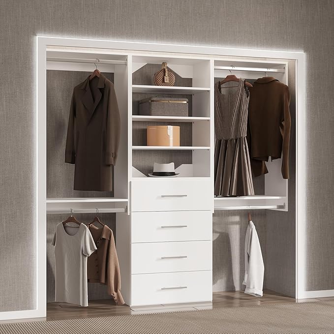 Modular Closet System, 78" Wide Closet Organizer System with Hanging and Drawers, Wood Tower Closet Storage for Walk In Closets, Wall Mounted Wardrobe Organizer Kit System, Bedroom, White