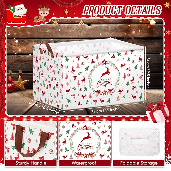 Boao 3 Pack Christmas Storage Baskets for Gifts Empty Collapsible Large Christmas Storage Bins, Xmas Canvas Laundry Basket with Handle for Office Home Bedroom Clothes Toys Holiday Decor