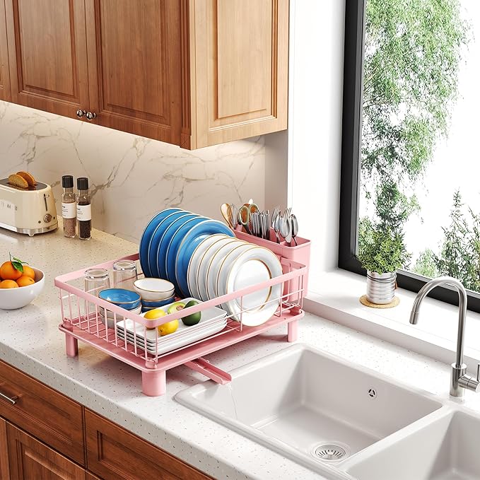 SNTD Dish Drying Rack - Small Dish Rack for Kitchen Counter, Stainless Steel Dish Drainer with Utensil Holder and Drainboard, 11" W x 15" L (Pink)